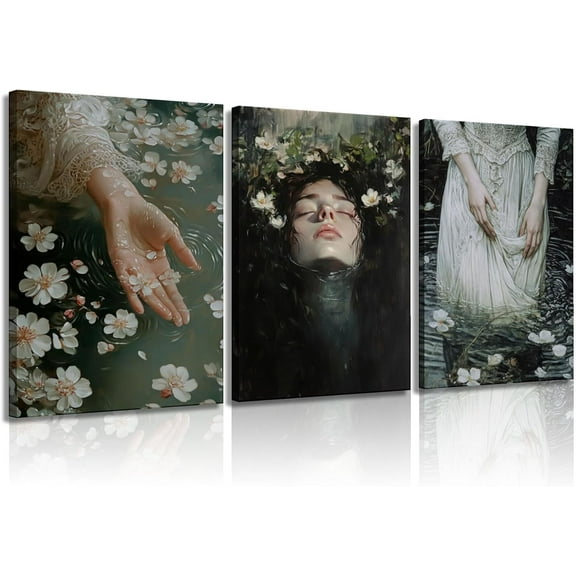 Victorian Canvas Wall Art Girl in the water lily Dark Academia Wall Decor Pictures Gothic Cottagecore Beautiful Girl Posters Prints for Living Room Bedroom Bathroom Unframed