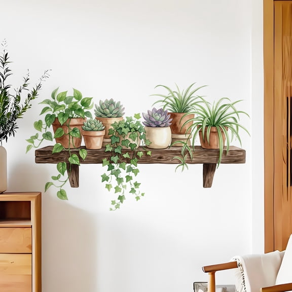 PeelandStick Wall Decor, WallforBedroom, Fake Potted Plant, Green Foliage Arrangement, Wooden Shelf Print, Entryway, 22.44*12.8in, 1 Set