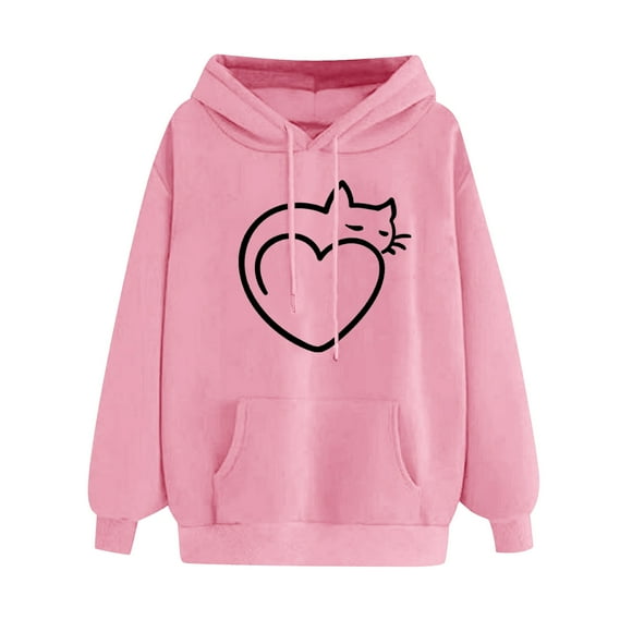 Gosuguu Clearance Women's Comfortable Sweater Heart Pattern Printed Women's Hooded Pocket Drawstring Sweater Clearance Sales Today Deals Prime