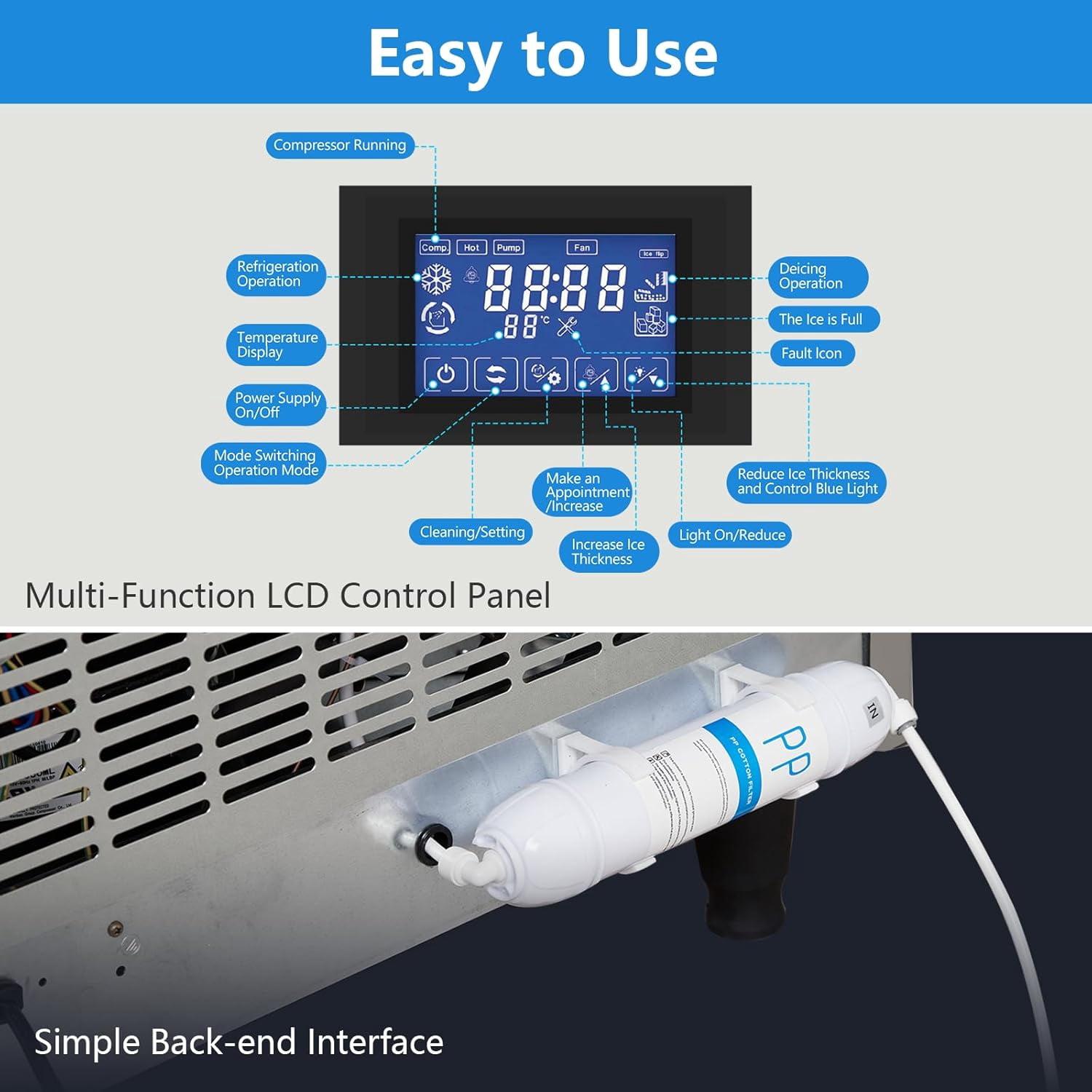 NEILA Commercial Ice Maker Machine 440LBS/24H,Undercounter Ice Maker with 40L Ice Storage Capacity,8 * 20 Ice Cube Freestanding Ice Maker,Stainless Steel Ice Machine with LCD Panel with Blue Light