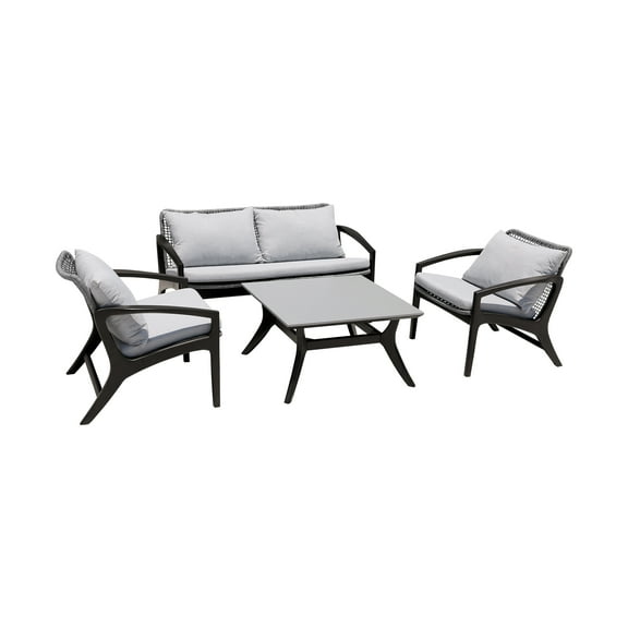 Armen Living Brighton 4 Piece Outdoor Patio Seating Set in Dark Eucalyptus Wood with Grey Rope and White Cushions