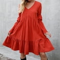thumbnail image 2 of gakvbuo Fall Dresses for Women Mini Dress for Women Plus Size Dress V-Neck Long Sleeve Fall Dresses Knee Length Cute Tunic Dress Pleated Ruffle Swing Babydoll Dress, 2 of 5