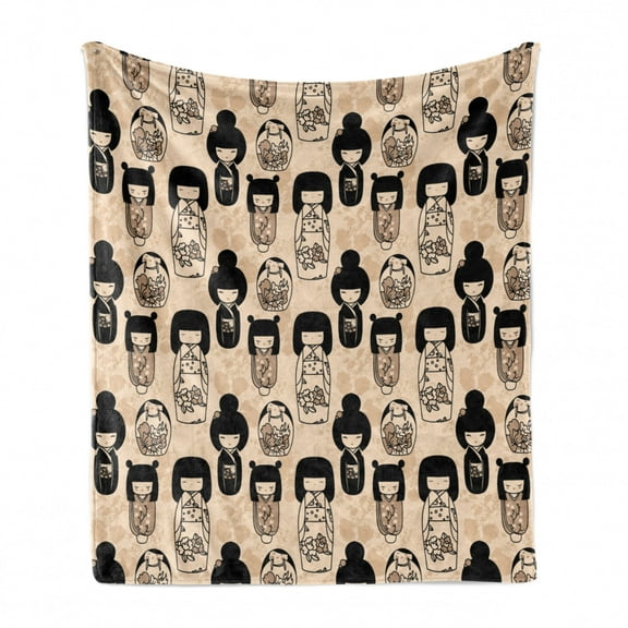 Ethnic Soft Flannel Fleece Blanket, Japanese Kokeshi Dolls with Sakura Flower Patterned Dresses Cultural Print, Cozy Plush for Indoor and Outdoor Use, 50" x 70", Beige Black and Tan, by Ambesonne