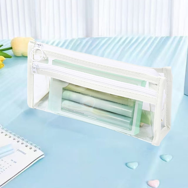Estuche transparente de PVC para lápices, bolsa de almacenamiento de papelería de dos capas