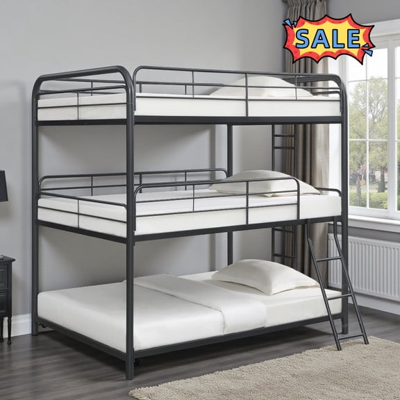 Tcbosik Full Over Full Over Full Size Triple Bunk Bed, Heavy Duty Metal Bed Frame for Small Space, Black