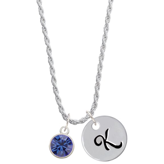 Delight Jewelry 10mm Blue Crystal Drop Silvertone Script Initial Disc - K - Charm Necklace, 20"+3"