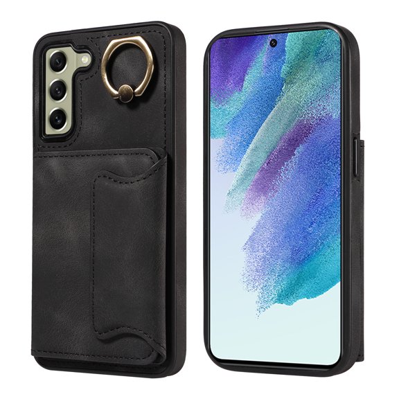 Case for Samsung Galaxy S21 FE, PU Leather 3 Card Slots with Finger Ring Holder Shockproof Phone Case