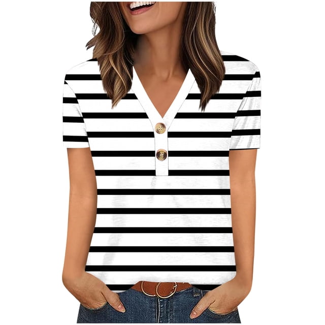 V-neck Short Sleeve Shirt for Women, Polyester Printed Top with Button Front, Regular Length, Slimming High-Cut Design, Black, S