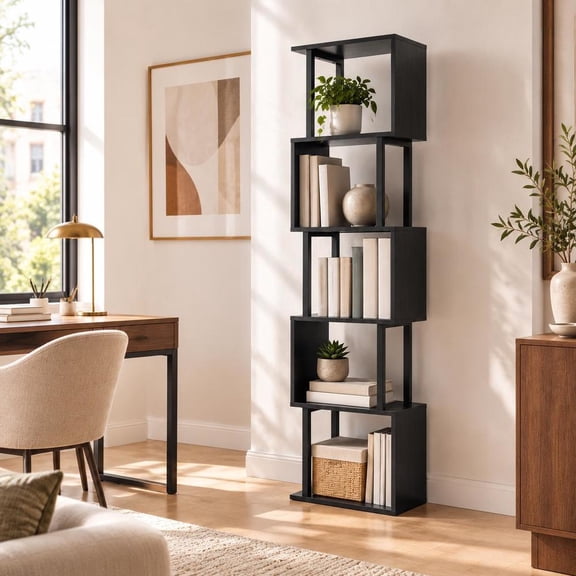 Bookshelf, 5-Tier S-Shaped with Open Cubes, Black