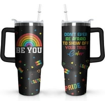 Rainbow Pride Flag Tumbler, LGBTQ Awareness Month Gifts, Retro Be You Travel Mug, Gay Pride Cups Lesbian Gifts for Women Men, 40 Oz Stainless Steel Tumbler With Handle & Straw