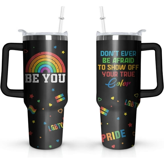 Rainbow Pride Flag Tumbler, LGBTQ Awareness Month Gifts, Retro Be You Travel Mug, Gay Pride Cups Lesbian Gifts for Women Men, 40 Oz Stainless Steel Tumbler With Handle & Straw
