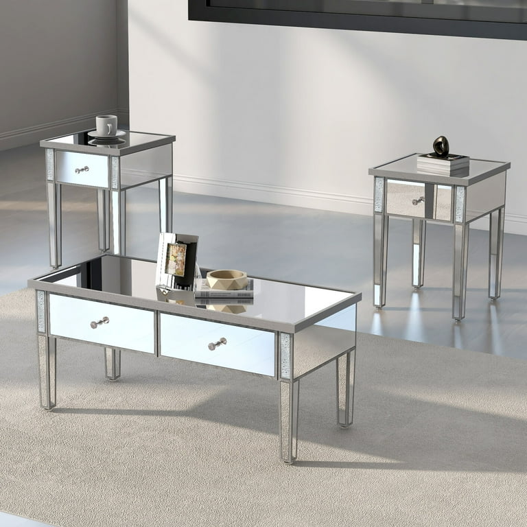Glass Mirrored Coffee Table Set of 3, Cocktail Table and End