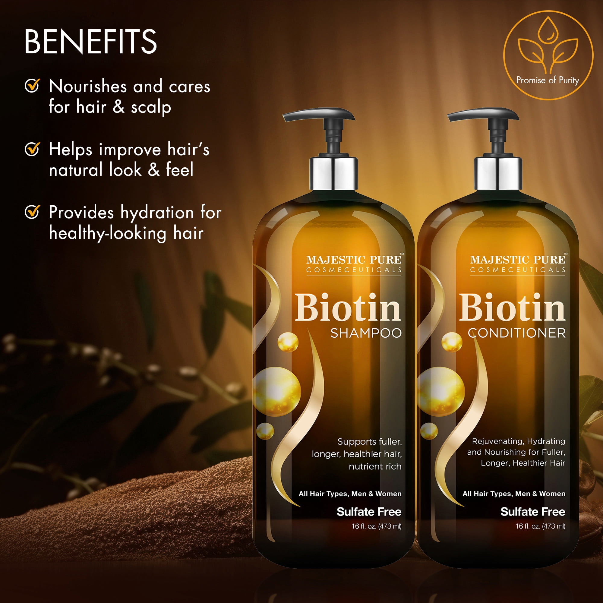 Majestic Pure Biotin Shampoo and Conditioner Set - Hydrating, Nourishing & Supporting Healthy Hair, Sulfate Free, for Men & Women - 16 fl oz Each