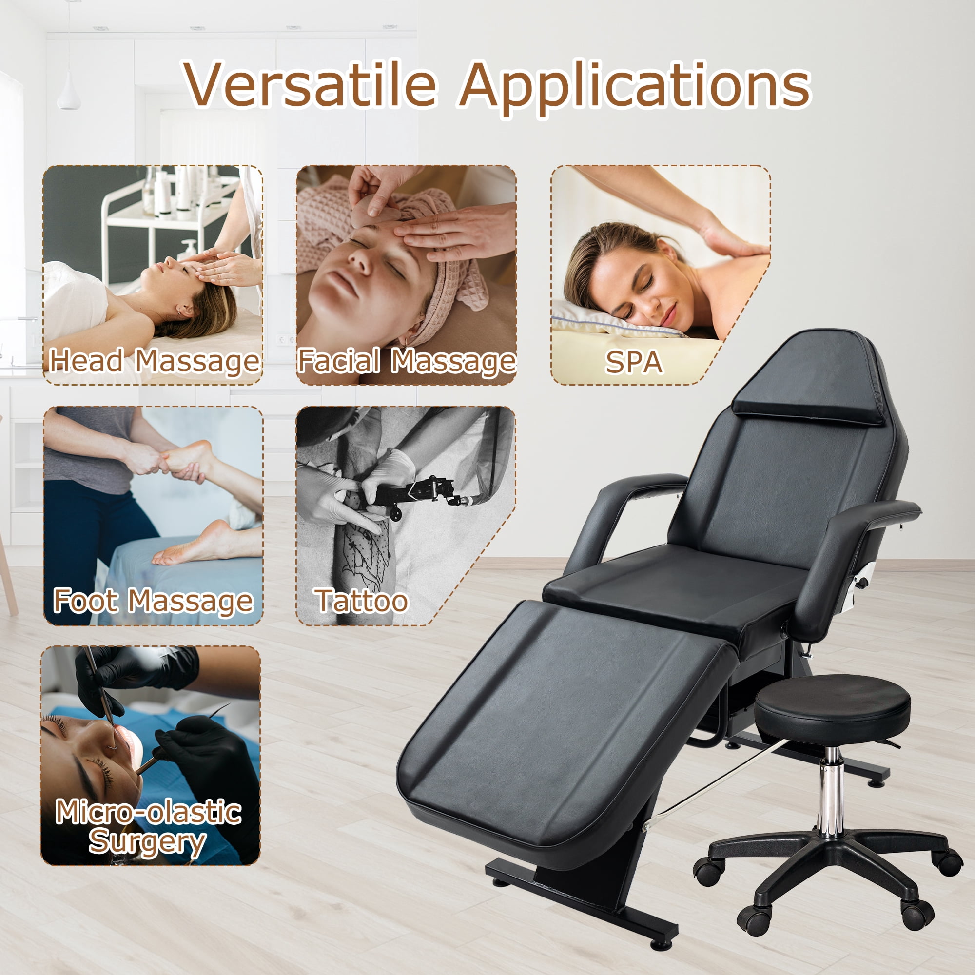 Miniyam 72.7" x 24.4" x 27.6" 3-in-1 Massage Bed & Tattoo Chair – 2 Trays, Hydraulic Stool, Adjustable 3 Sections – for Facial, Beauty, Barber – Black