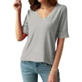 thumbnail image 5 of Womens Going Out Tops Casual V-Neck Cuffed Elbow-Length Sleeve Tshirts Loose Ribbed Knitted Solid Color Soft Basic Pullover Blouses Tees, 5 of 8