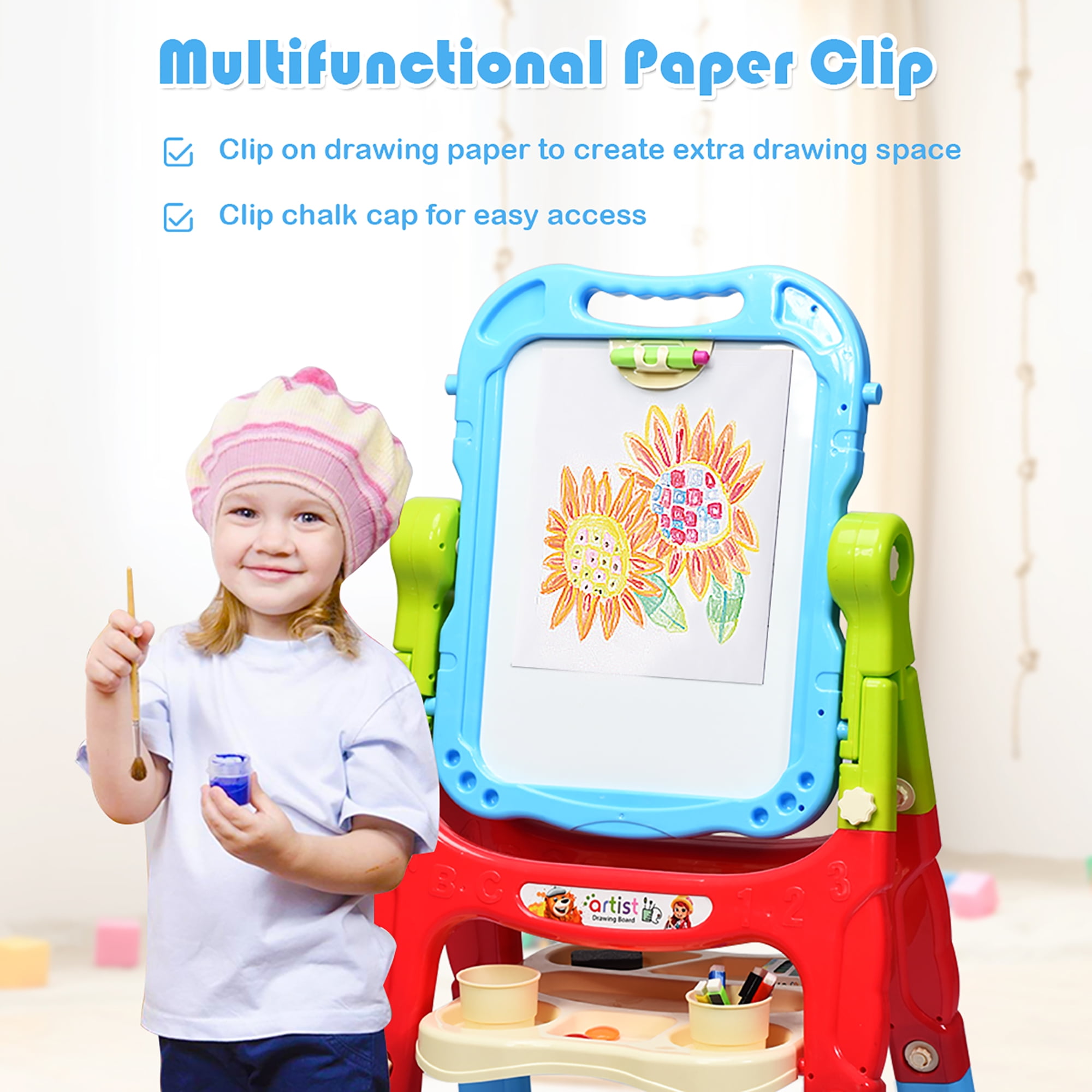 Costway Height Adjustable Kids Art Easel Magnetic Double Sided Board w/ Accessories Blue