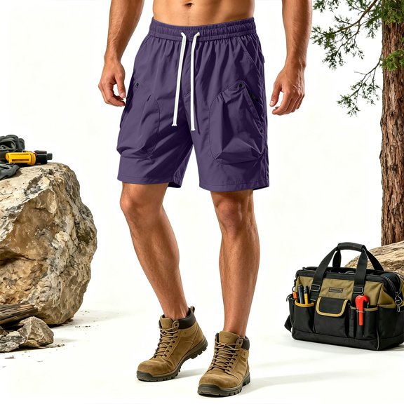 Big Mens Lightweight Relaxed Fit Quick Dry Work Cargo Shorts, Elastic Waist Drawstring Hiking Shorts with Durable Zipper Pockets for All-Day Outdoor Activities Size 3XL Purple