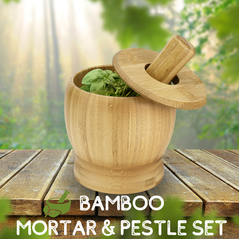 Mortar and Pestle Set with Bamboo Base 1.5 Cup / Black