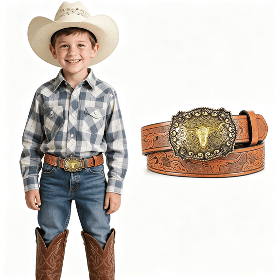 TELOLY Kids Western Belt for Boys Girls Embossed Leather Cowboy Belt for Jeans with Removable Longhorn Bull Versatile Girls Belt