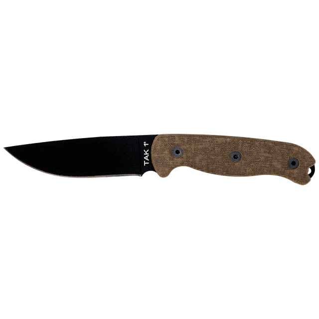 ontario knives tak 1 fixed blade knife 8671 1075 carbon steel tan micarta cuchillo ontario knives tak 1 fixed blade — perfil lateral centrado de un cuchillo full-tang de 10 pulgadas con hoja drop point de 4.5" en acero 1075 con acabado oscuro, 4.8 mm de grosor y grindado full-flat taper; mango de Micarta color tan con dos remaches visibles y ranura para dedo; se entrega con funda de nylon MOLLE según especificaciones; adecuado para uso táctico y actividades al aire libre.