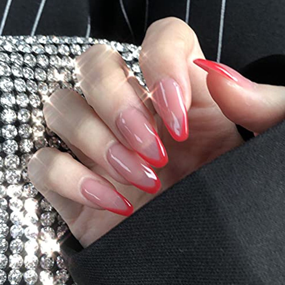 Press On Nails Almond Pink With Red Fake Nails French Personality False  Nails Artificial Daily Nails for Women and Girls - Walmart.com