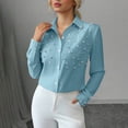 thumbnail image 6 of Otntypg Women's Pearl Elegant Tops Button Down Shirts Dressy Casual V Neck Solid Color Long Sleeve Work Office Collared Tunic Blouse Light Blue XXXL, 6 of 7