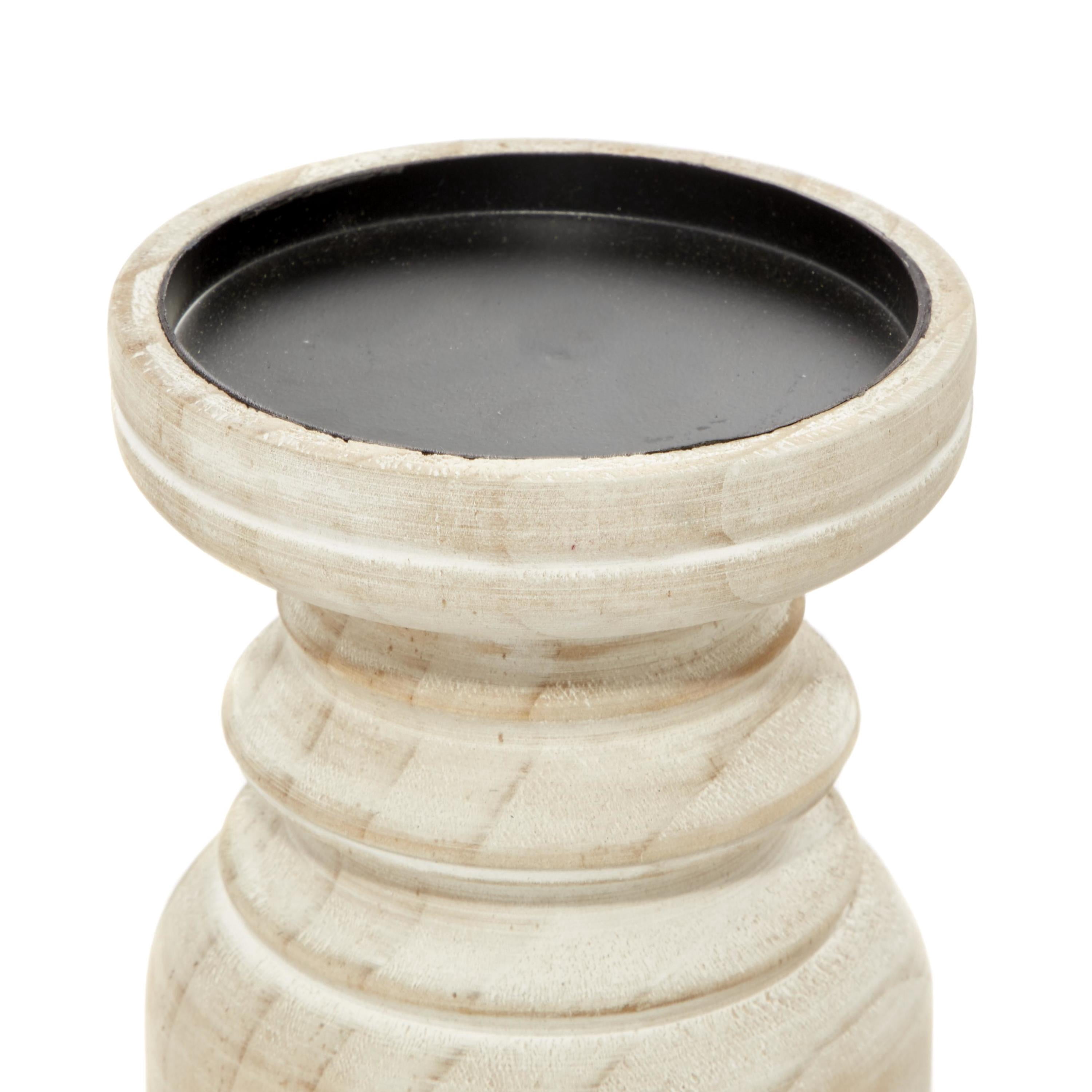 DecMode 3 Candle Brown Wood Pillar Candle Holder with White Wash Finish, Set of 3