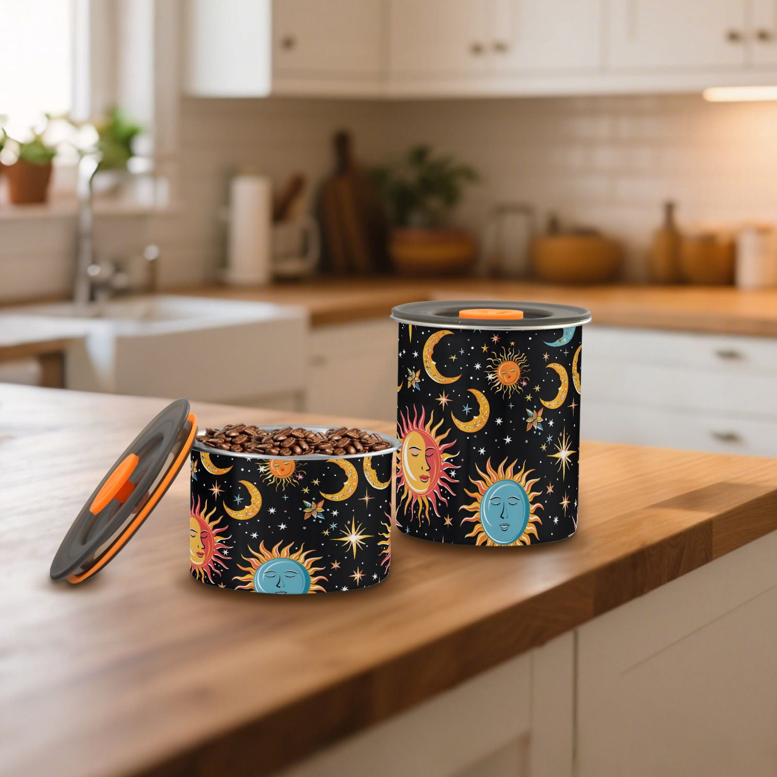 Sun Moon Star Starry Sky Cartoon Airtight Coffee Bean Canister 30oz Food Storage Containers with Lids For Gournd, Tea, Sugar, Flour, Rice, Cereal, Candy Cookie Jar