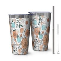 16oz Tumblers Pioneer Flower Floral Print Pattern Stainless Steel Vacuum Insulated Double Wall Travel Tumbler Cups Mug with Lid and Straw,Cleaning Brush for Coffee,Tea