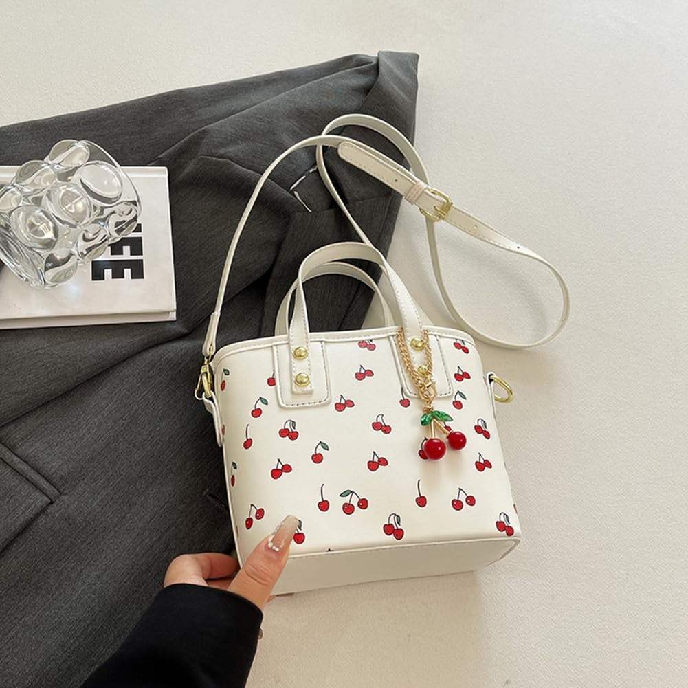 Crossbody Bags for Women, Small Cherry Print Shoulder Bag Cute Leather Tote Bag,Cherry Red Purse with Shoulder Strap