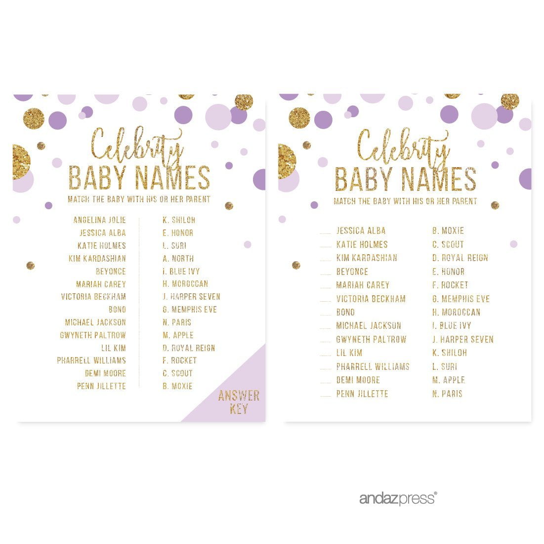Celebrity Name Game  Lavender Gold Glitter Baby Shower Games, 20-Pack