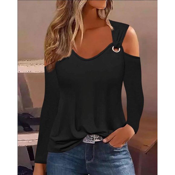 Jsaierl Women's Long Sleeve Cold Shoulder Tops Solid Color O Ring Strap Tunics Dressy Casual V Neck Shirts Going out Holiday Beach Tops