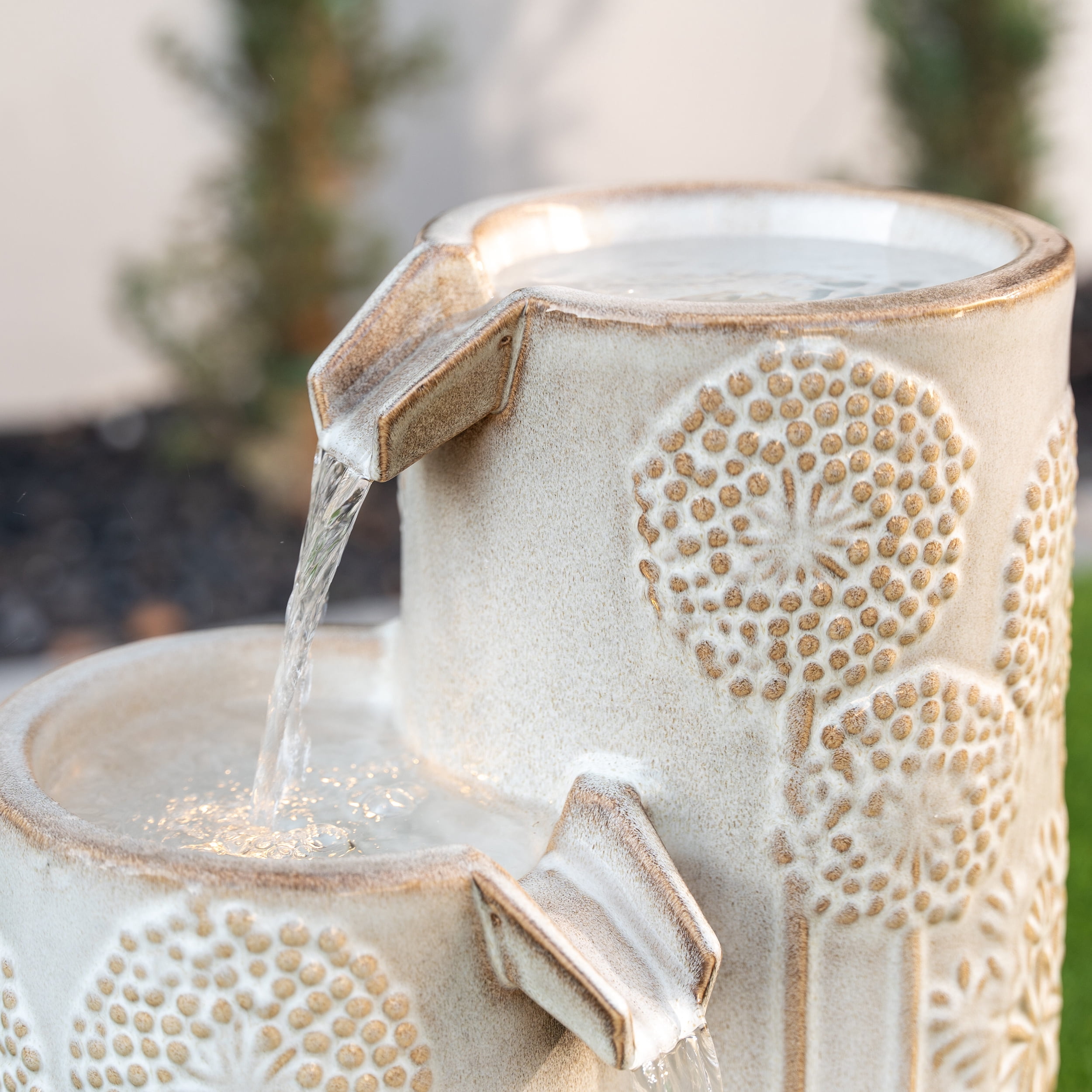 XBrand 25 in H Freestanding Cascadian Outdoor Garden Fountain w/Flower Details & Warm LED Lights, Ceramic, Beige