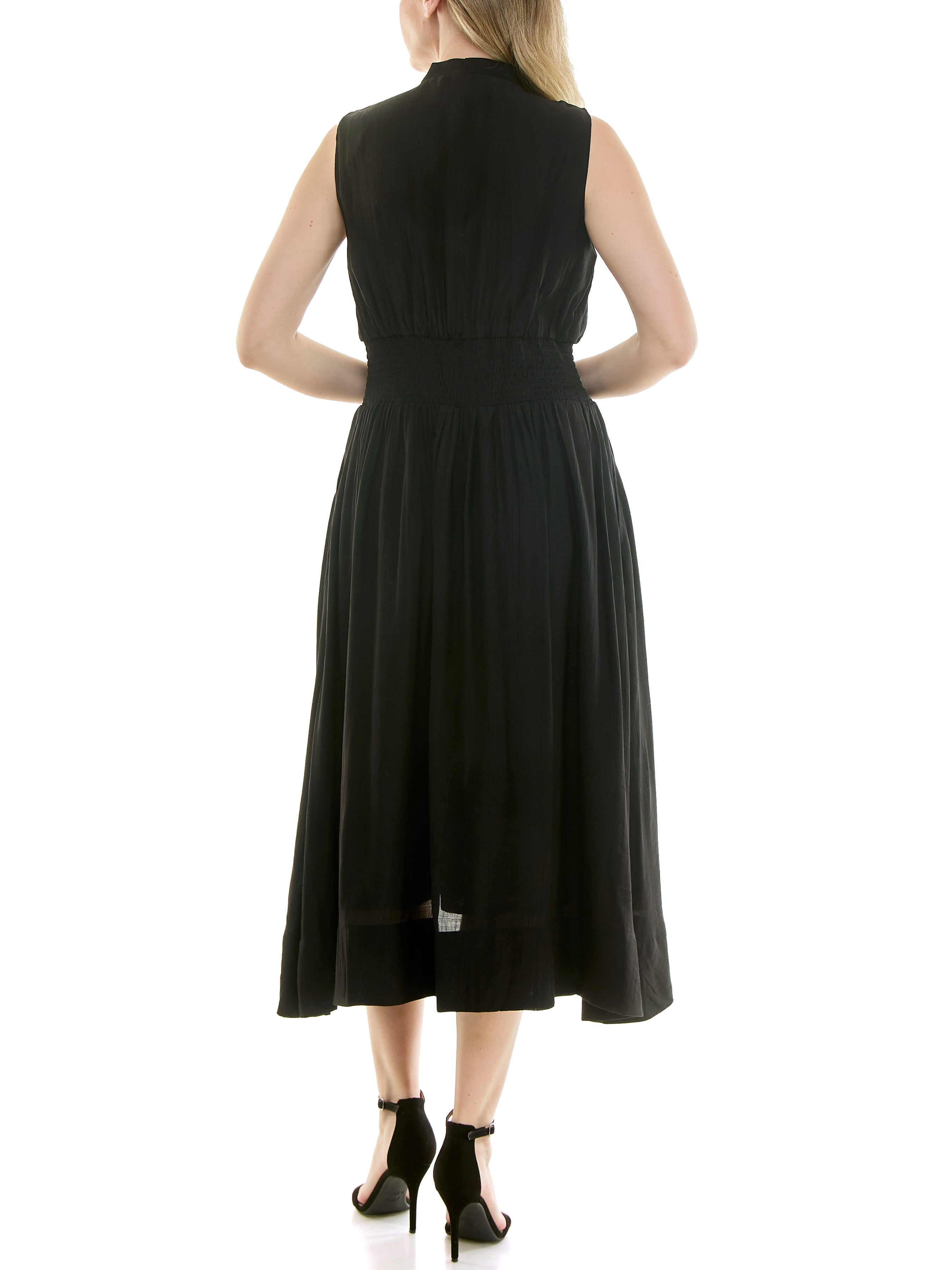 Sleeveless, V-Neck, smocked empire waist, zip front, fit & flare, midi dress in soft crinkle fabric,S-XL