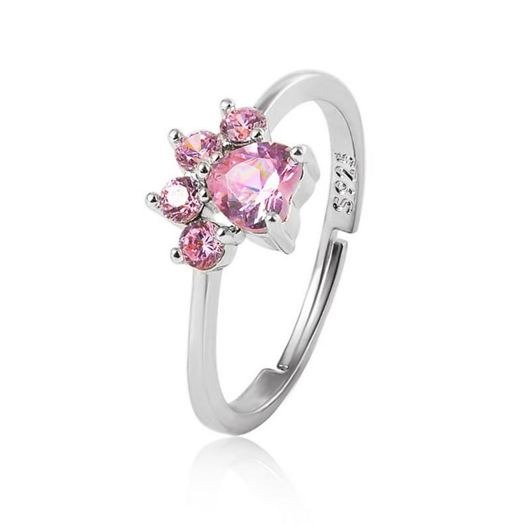 Fridja Adjustable Cat Paw Design Ring With Cubic Zirconia For Cat And Silver