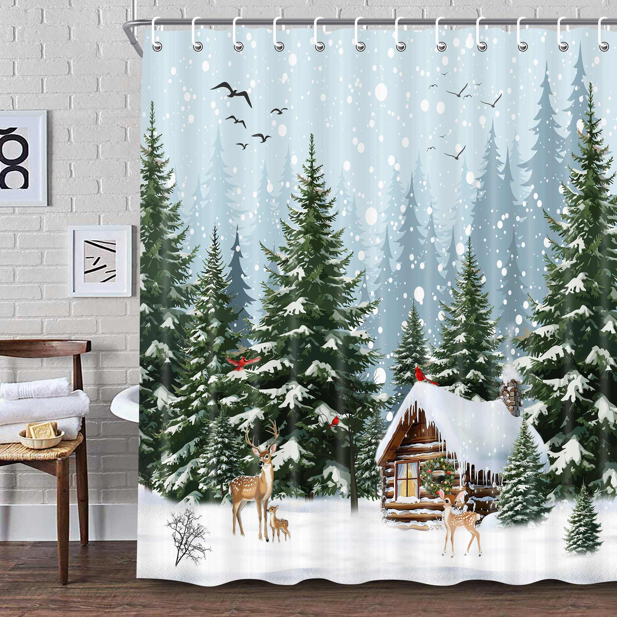 Winter Snowy Forest Shower Curtain 70X70 inch Pine Tree Cardinal Deer Snowflake Shower Curatin Xmas Snowy Scenery Christmas Holiday Bathroom Bath Rustic Farmhouse Decor Polyester Fabric with Hooks