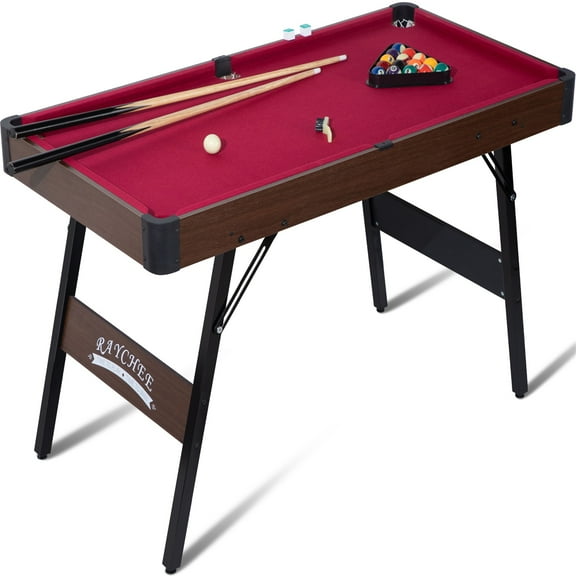 RayChee 48in Portable Pool Table, Folding Billiard Game Tables for Kids and Adults with Locking Legs, Adjustable Feet, Balls, Cues, Triangle, Chalk, Brush for Family Game Room (Red))