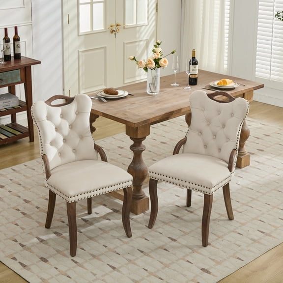 Noble House Set of 2 Dining Chairs with Tufted Velvet Upholstery, Copper Nailhead Trim, Beige