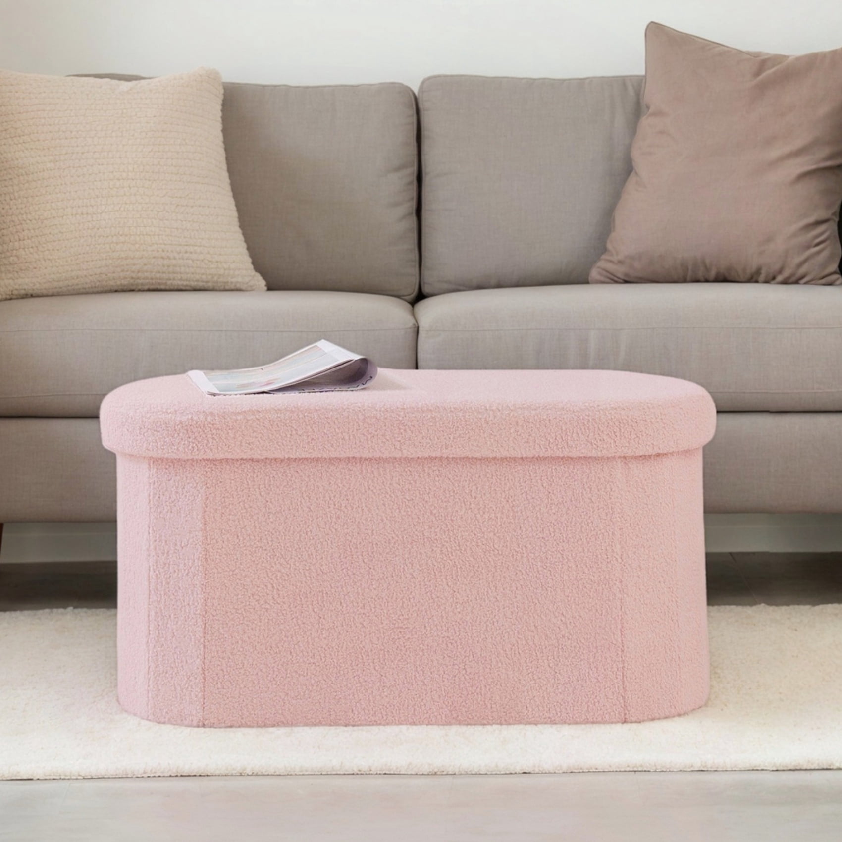 PINPLUS Storage Ottoman Bench Tufted Oval Ottoman Bench Foot Rest Velvet Bench with Storage 30" Pink