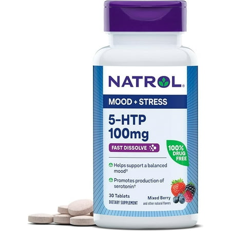 Natrol 5-HTP 100mg, Drug-Free Dietary Supplement Helps Support Balanced Mood, 30 Mixed Berry-Flavored Fast Dissolve Tablets, 15-30 Day Supply