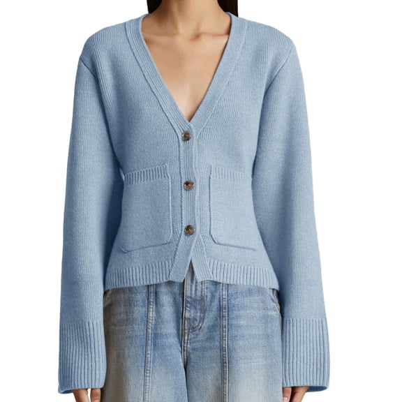 Women's Deep V Neck Cardigan Sweater Button Front Long Sleeve Short Knitted Jacket with Pockets