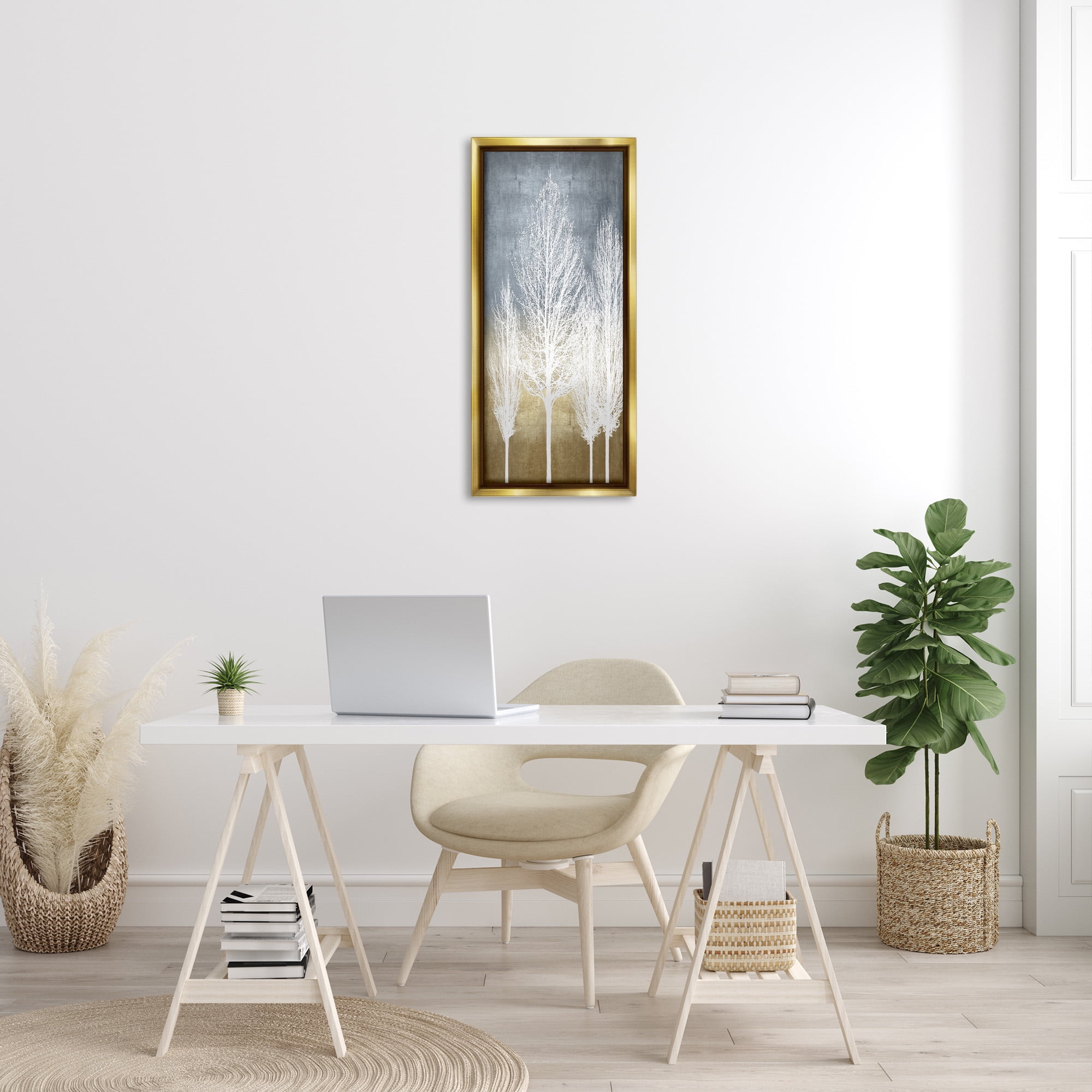 Stupell Industries Tall Tree Silhouettes Abstraction Landscape Painting Gold Floater Framed Canvas Art Print Wall Art, 15 x 31