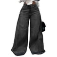 thumbnail image 2 of Female Bell Bottom Jeans High Waist Stretch Wide Leg Flared Pleated Vintage Casual Loose Denim Pants Black & Gray L, 2 of 7