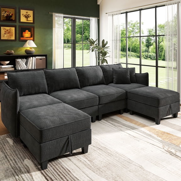 BedLuxury 112" Modular Sectional Sofa with 2 Moveable Storage Ottoman, Cloud Couch Seats 6, Modern Living Room Furniture, Chenille Black