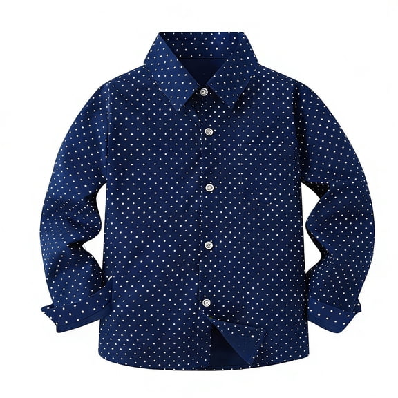 FINALGANG Boys Kids Casual Long Sleeve Button Down Shirt Polka Dot Print Turn Down Collar Bust Pocket Lightweight Top For Daily Wear Navy 4-5 Years