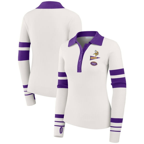 Women's WEAR by Erin Andrews White Minnesota Vikings Ribbed Henley Polo Sweater