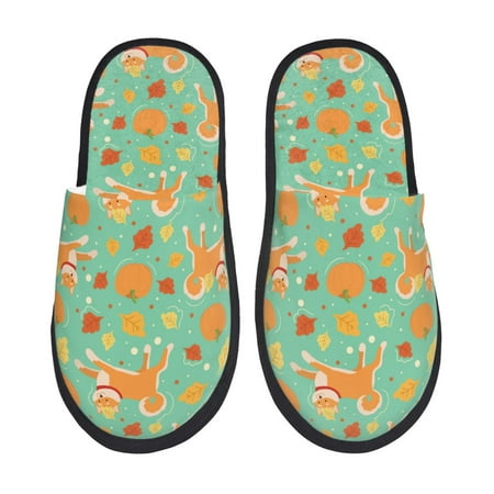 Balery Cute Shiba And Pumpkins Slient Indoor Furry Fleece Comfort House Shoes Soft Non-Slip Home Shoes Cotton slippers House Slippers-- Medium