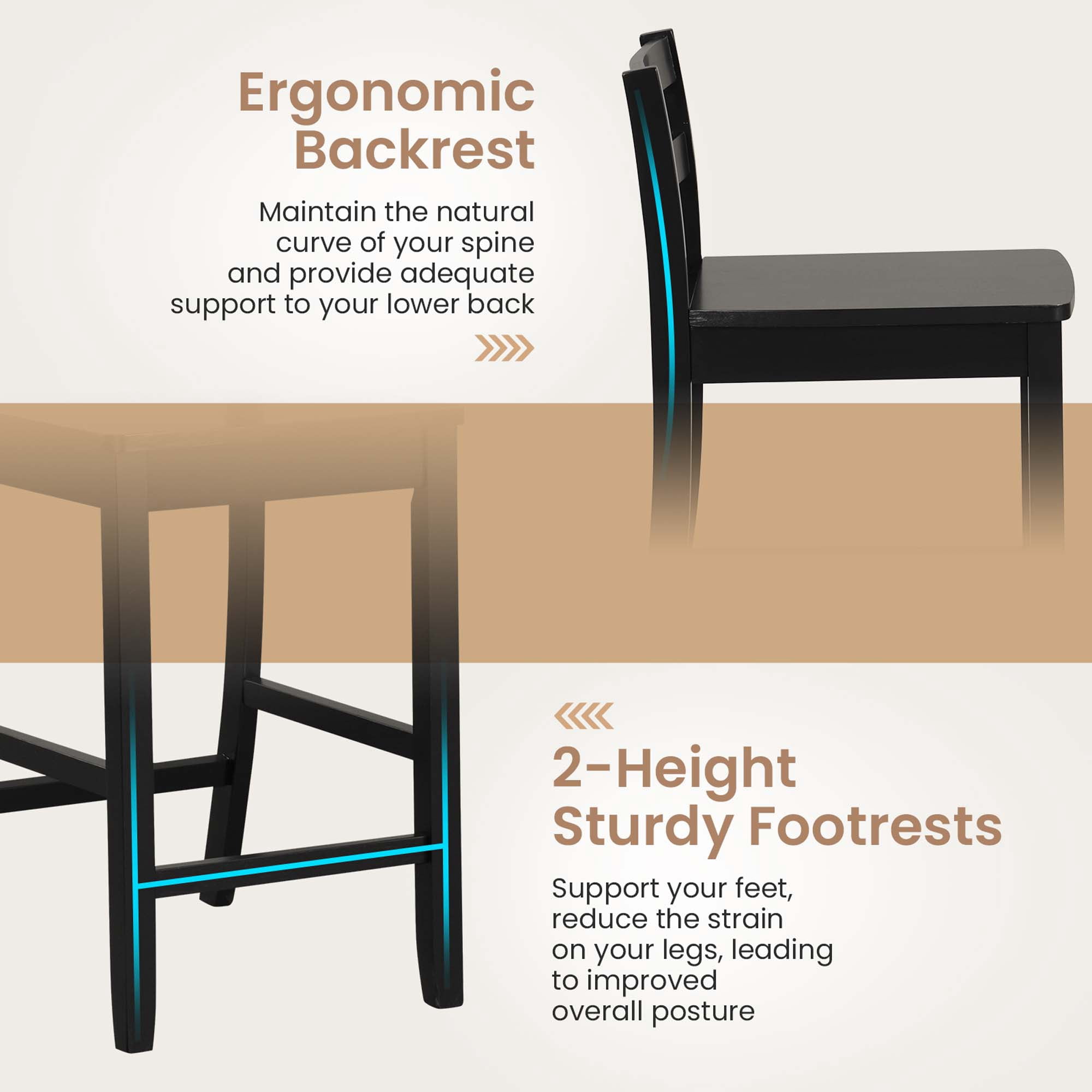 Costway 22" Wooden Ergonomic Backrest Bar Stools, Black (Set of 2)