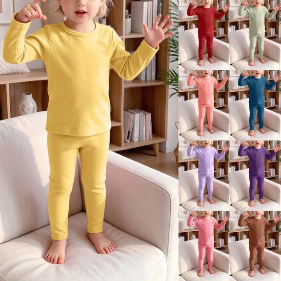 Pandaie Toddler Kids Solid Thermal Underwear Set Long Sleeve Base Layer Top Elastic Skinny Leggings Warm Loungewear Sleepwear Blue,2-3 Years