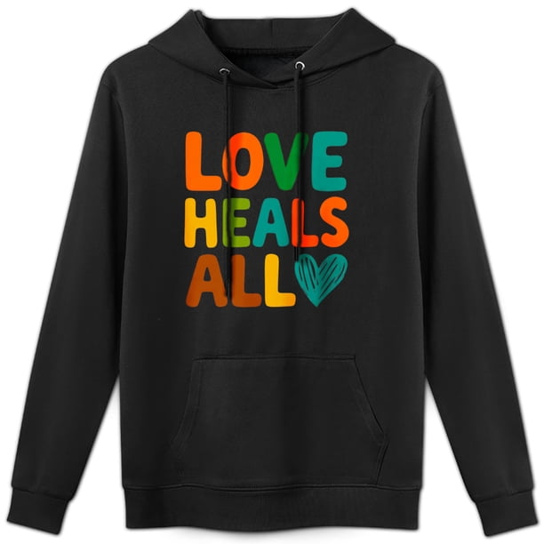 Sudadera con Capucha de Frase Positiva "Love Heals All" con Colores Vibrantes, 52% Algodón 48% Poliéster para Hombres y Mujeres